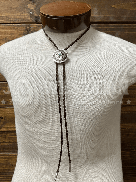 Cowboy Collectibles BOLW512 Turquoise Sunflower Bolo Tie Dark Sorrel front view. If you need any assistance with this item or the purchase of this item please call us at five six one seven four eight eight eight zero one Monday through Saturday 10:00a.m EST to 8:00 p.m EST