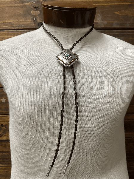 Cowboy Collectibles BOLW514 Golden Lasso Turquoise Square Bolo Tie Dark Sorrel front view. If you need any assistance with this item or the purchase of this item please call us at five six one seven four eight eight eight zero one Monday through Saturday 10:00a.m EST to 8:00 p.m EST
