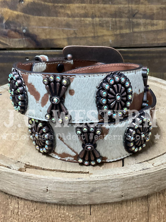 Angel Ranch D140002308 Womens Calf Hair And Conchos Belt Tan back view. If you need any assistance with this item or the purchase of this item please call us at five six one seven four eight eight eight zero one Monday through Saturday 10:00a.m EST to 8:00 p.m EST
