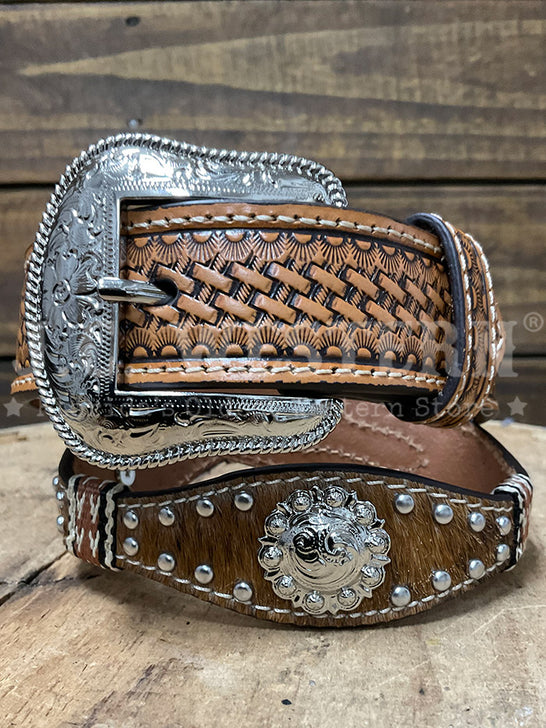 Nocona N4436448 Kids Calf Hair Belt Tan front view. If you need any assistance with this item or the purchase of this item please call us at five six one seven four eight eight eight zero one Monday through Saturday 10:00a.m EST to 8:00 p.m EST