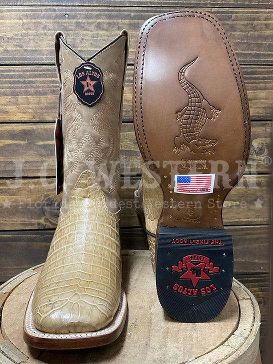Los Altos 8228254 Mens Wide Square Toe Caiman Belly Boot Amber Tan front and sole view. If you need any assistance with this item or the purchase of this item please call us at five six one seven four eight eight eight zero one Monday through Saturday 10:00a.m EST to 8:00 p.m EST