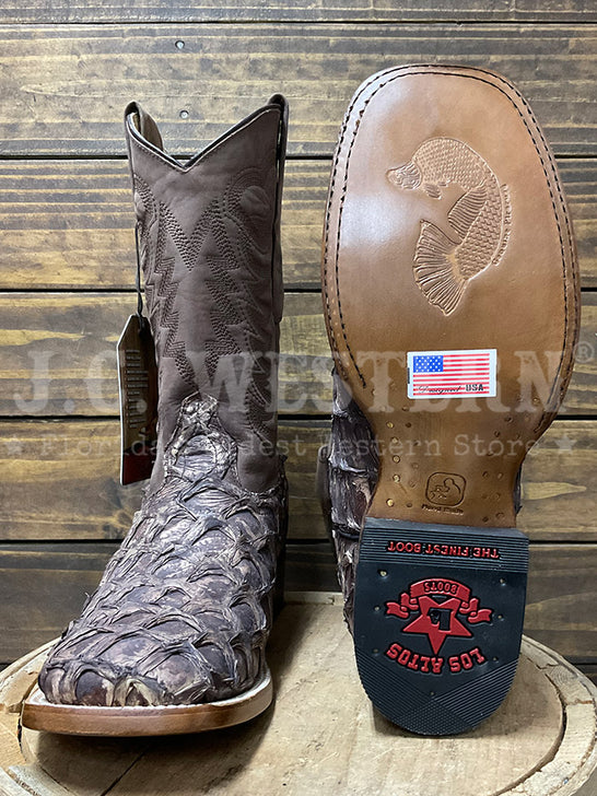 Los Altos 8221085 Mens Wide Square Toe Inverted Pirarucu Boot Rustic Brown Bark front and sole view. If you need any assistance with this item or the purchase of this item please call us at five six one seven four eight eight eight zero one Monday through Saturday 10:00a.m EST to 8:00 p.m EST