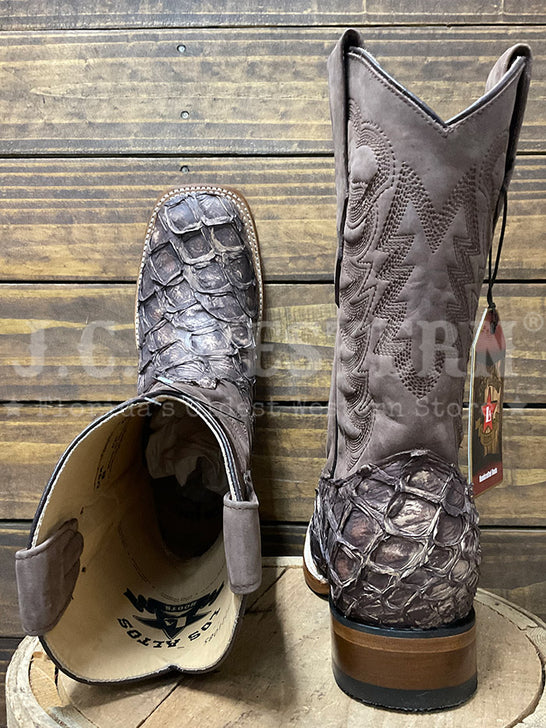 Los Altos 8221085 Mens Wide Square Toe Inverted Pirarucu Boot Rustic Brown Bark toe and back view. If you need any assistance with this item or the purchase of this item please call us at five six one seven four eight eight eight zero one Monday through Saturday 10:00a.m EST to 8:00 p.m EST