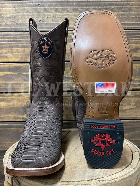 Los Altos 822N5707 Mens Wide Square Toe Python Boot Nobuck Brown front and sole view. If you need any assistance with this item or the purchase of this item please call us at five six one seven four eight eight eight zero one Monday through Saturday 10:00a.m EST to 8:00 p.m EST