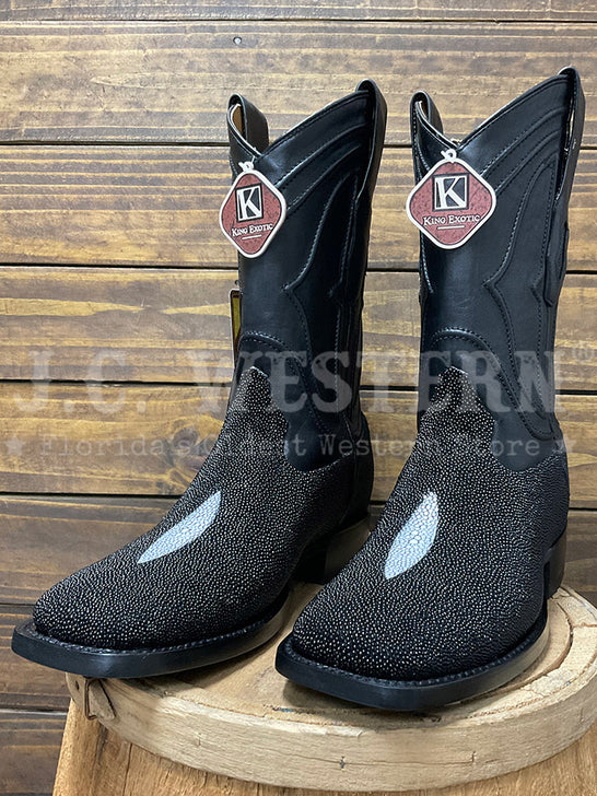 King Exotic 4821205 Mens Wide Square Toe Stingray Boot Black side view. If you need any assistance with this item or the purchase of this item please call us at five six one seven four eight eight eight zero one Monday through Saturday 10:00a.m EST to 8:00 p.m EST