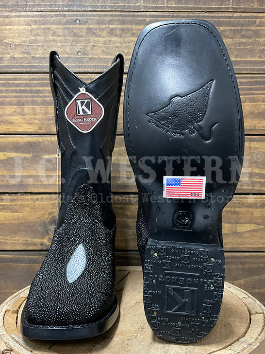 King Exotic 4821205 Mens Wide Square Toe Stingray Boot Black front and sole view. If you need any assistance with this item or the purchase of this item please call us at five six one seven four eight eight eight zero one Monday through Saturday 10:00a.m EST to 8:00 p.m EST