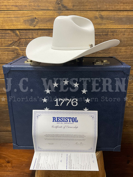 Resistol RFTR76-724272 THE RESISTOL 1776 250th Anniversary Of The United States Of America No 050/250 Hat, box, and certificate view. If you need any assistance with this item or the purchase of this item please call us at five six one seven four eight eight eight zero one Monday through Saturday 10:00a.m EST to 8:00 p.m EST