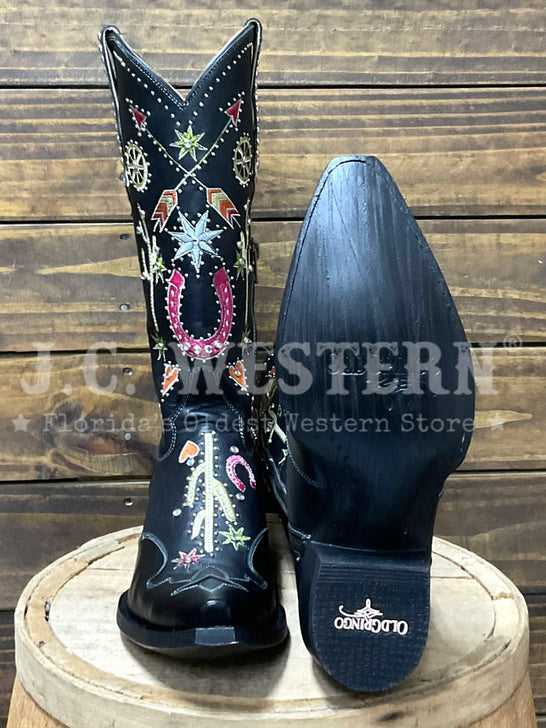 Old Gringo L4126-3 Womens HEY PORTER Leather Boot Black front and sole view. If you need any assistance with this item or the purchase of this item please call us at five six one seven four eight eight eight zero one Monday through Saturday 10:00a.m EST to 8:00 p.m EST