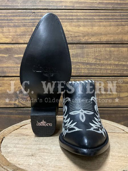 Old Gringo ML4226-1 Womens REVIVA Leather Mules Black front and sole view. If you need any assistance with this item or the purchase of this item please call us at five six one seven four eight eight eight zero one Monday through Saturday 10:00a.m EST to 8:00 p.m EST