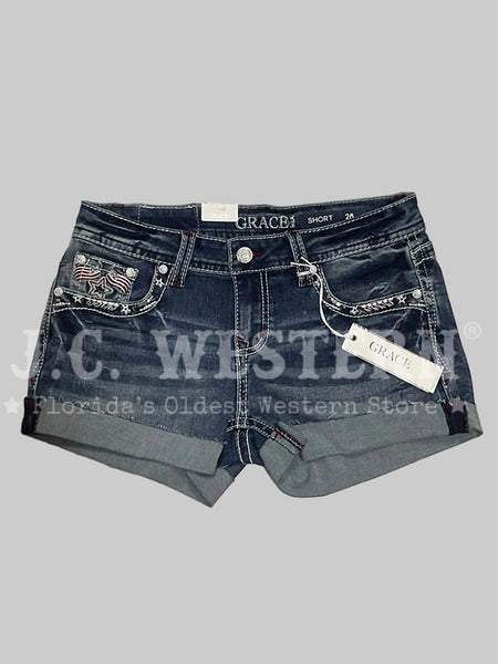 Grace in LA JHW62055 Womens America Flap Low Rise Shorts Denim front view. If you need any assistance with this item or the purchase of this item please call us at five six one seven four eight eight eight zero one Monday through Saturday 10:00a.m EST to 8:00 p.m EST