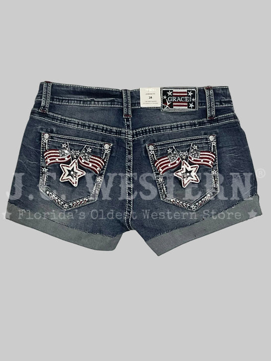 Grace in LA JHW62055 Womens America Flap Low Rise Shorts Denim back view. If you need any assistance with this item or the purchase of this item please call us at five six one seven four eight eight eight zero one Monday through Saturday 10:00a.m EST to 8:00 p.m EST