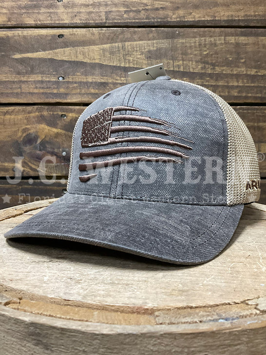 Ariat A300012102 Flag Embroidered Mesh Snap Back Cap Oilskin Brown front view. If you need any assistance with this item or the purchase of this item please call us at five six one seven four eight eight eight zero one Monday through Saturday 10:00a.m EST to 8:00 p.m EST