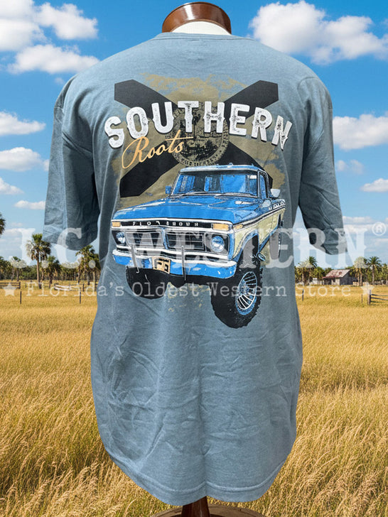 FloGrown FGM1-1073 Mens Southern Roots Truck Tee Slate back view. If you need any assistance with this item or the purchase of this item please call us at five six one seven four eight eight eight zero one Monday through Saturday 10:00a.m EST to 8:00 p.m EST