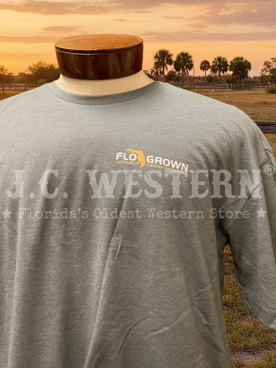FloGrown FGM1-1073 Mens Southern Roots Truck Tee Slate front view. If you need any assistance with this item or the purchase of this item please call us at five six one seven four eight eight eight zero one Monday through Saturday 10:00a.m EST to 8:00 p.m EST