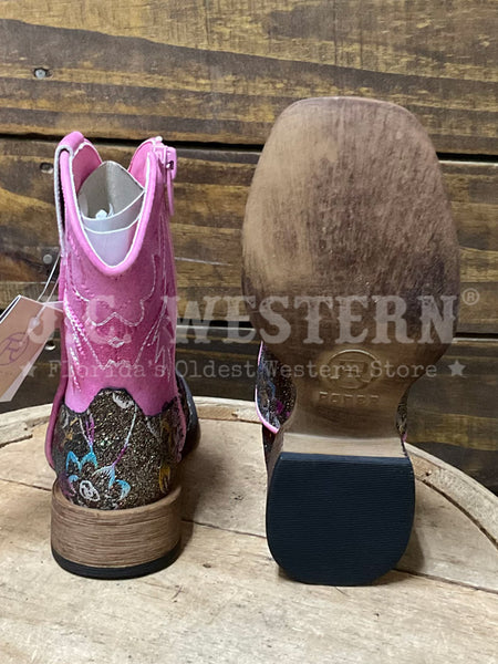 Roper 3857 Kids Glitter Rose Square Toe Western Boot Pink back and sole view. If you need any assistance with this item or the purchase of this item please call us at five six one seven four eight eight eight zero one Monday through Saturday 10:00a.m EST to 8:00 p.m EST