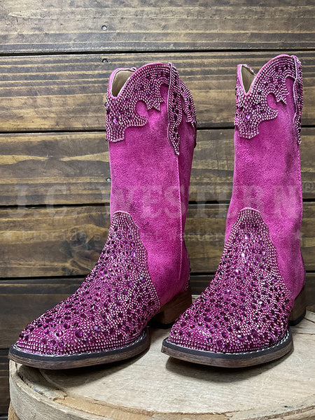 Roper 3776 Kids Starlit Square Toe Western Boot Pink side/ front view. If you need any assistance with this item or the purchase of this item please call us at five six one seven four eight eight eight zero one Monday through Saturday 10:00a.m EST to 8:00 p.m EST