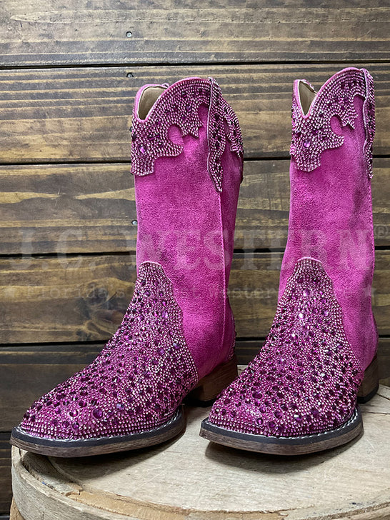 Roper 3776 Kids Starlit Square Toe Western Boot Pink side/ front view. If you need any assistance with this item or the purchase of this item please call us at five six one seven four eight eight eight zero one Monday through Saturday 10:00a.m EST to 8:00 p.m EST