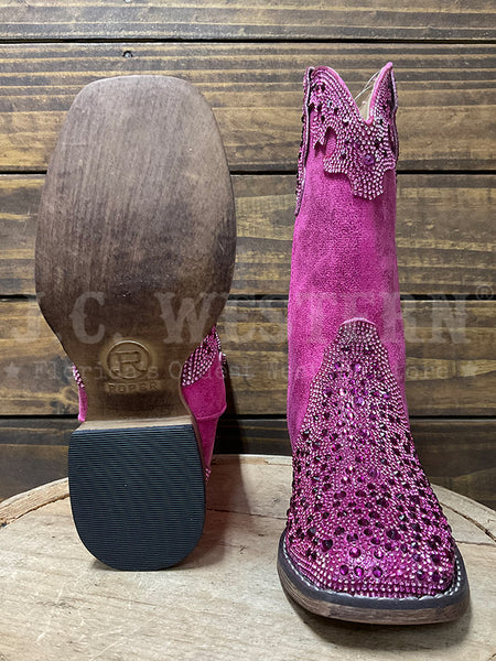 Roper 3776 Kids Starlit Square Toe Western Boot Pink sole and front view. If you need any assistance with this item or the purchase of this item please call us at five six one seven four eight eight eight zero one Monday through Saturday 10:00a.m EST to 8:00 p.m EST