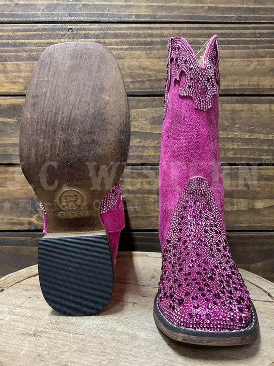 Roper 3776 Kids Starlit Square Toe Western Boot Pink sole and front view. If you need any assistance with this item or the purchase of this item please call us at five six one seven four eight eight eight zero one Monday through Saturday 10:00a.m EST to 8:00 p.m EST