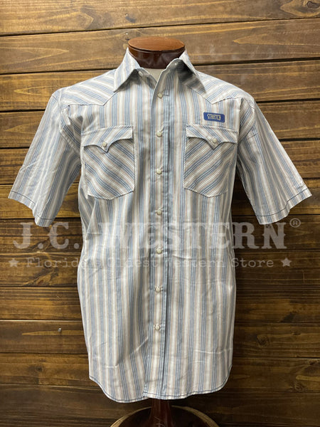 A short-sleeve button-up shirt with vertical blue, white, and gray stripes, displayed on a wooden mannequin torso against a rustic wooden plank wall. The shirt features two chest pockets and a small blue 'Western' brand label on the left chest. If you need any assistance with this item or the purchase of this item please call us at five six one seven four eight eight eight zero one Monday through Saturday 10:00a.m EST to 8:00 p.m EST