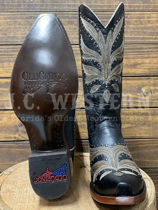 Old Gringo YL660-3 Womens ZINNIA Leather Boot Black sole and front view. If you need any assistance with this item or the purchase of this item please call us at five six one seven four eight eight eight zero one Monday through Saturday 10:00a.m EST to 8:00 p.m EST
