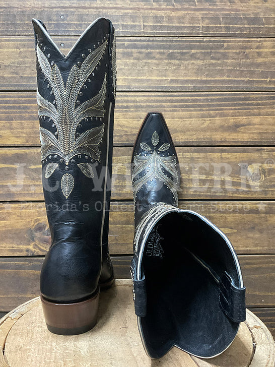 Old Gringo YL660-3 Womens ZINNIA Leather Boot Black back and toe view. If you need any assistance with this item or the purchase of this item please call us at five six one seven four eight eight eight zero one Monday through Saturday 10:00a.m EST to 8:00 p.m EST