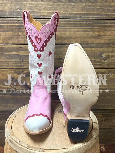 Old Gringo L4205-1 Womens XOXO Leather Boot Pink front and sole view. If you need any assistance with this item or the purchase of this item please call us at five six one seven four eight eight eight zero one Monday through Saturday 10:00a.m EST to 8:00 p.m EST