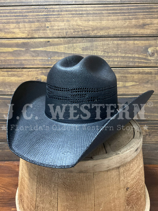 Justin JUS12656 20X Straw Cowboy Hat Black side / front view. If you need any assistance with this item or the purchase of this item please call us at five six one seven four eight eight eight zero one Monday through Saturday 10:00a.m EST to 8:00 p.m EST