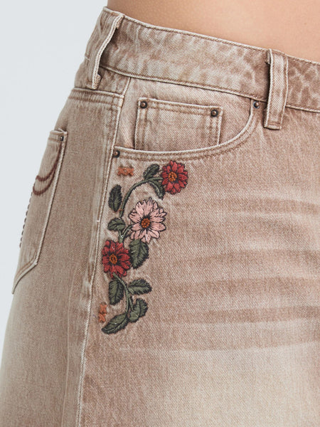 Grace In LA JKW-S913 Womens Floral Embroidered Denim Skirt Camel Tan front side detail close up. If you need any assistance with this item or the purchase of this item please call us at five six one seven four eight eight eight zero one Monday through Saturday 10:00a.m EST to 8:00 p.m EST