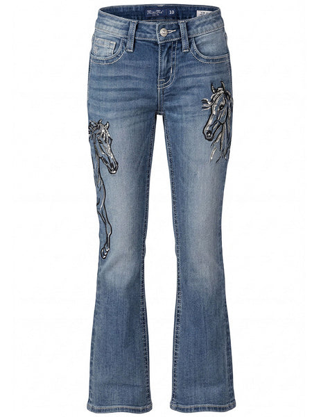 Miss Me K9564B Kids Mid Rise Bootcut Jeans Medium Wash front view. If you need any assistance with this item or the purchase of this item please call us at five six one seven four eight eight eight zero one Monday through Saturday 10:00a.m EST to 8:00 p.m EST