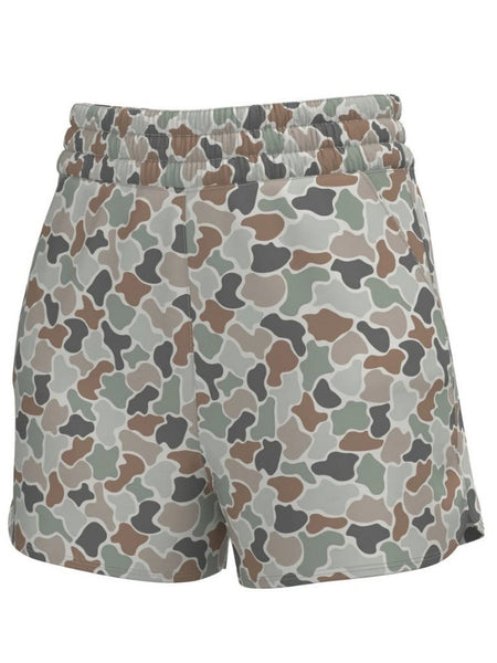 Local Girl Outfitters L5160000-FCF Womens LG High-Waisted Volley Shorts Forest Camo Flora front view. If you need any assistance with this item or the purchase of this item please call us at five six one seven four eight eight eight zero one Monday through Saturday 10:00a.m EST to 8:00 p.m EST