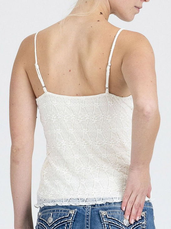 Miss Me BMT0194T-CW Womens Lace Cami Top With Ribbon Tie Cream White back view. If you need any assistance with this item or the purchase of this item please call us at five six one seven four eight eight eight zero one Monday through Saturday 10:00a.m EST to 8:00 p.m EST