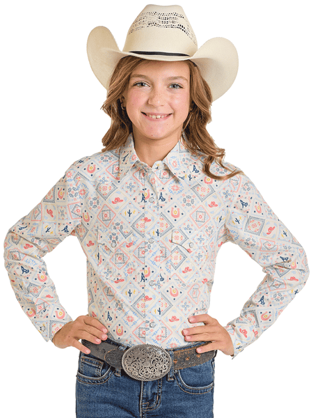 Panhandle LGN2S06806 Girls Long Sleeve Snap Shirt Ivory front view. If you need any assistance with this item or the purchase of this item please call us at five six one seven four eight eight eight zero one Monday through Saturday 10:00a.m EST to 8:00 p.m EST