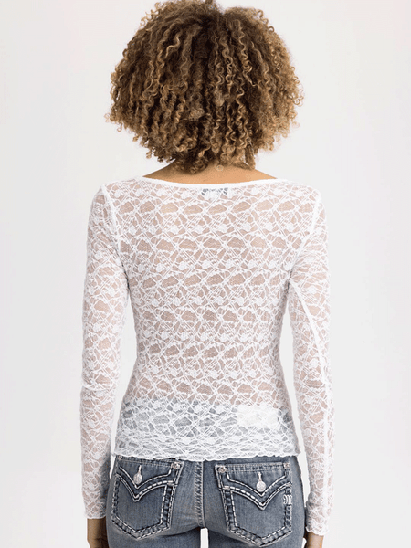 Miss Me BMT0066L-WHT Womens Long Sleeve Lace Top White back view. If you need any assistance with this item or the purchase of this item please call us at five six one seven four eight eight eight zero one Monday through Saturday 10:00a.m EST to 8:00 p.m EST