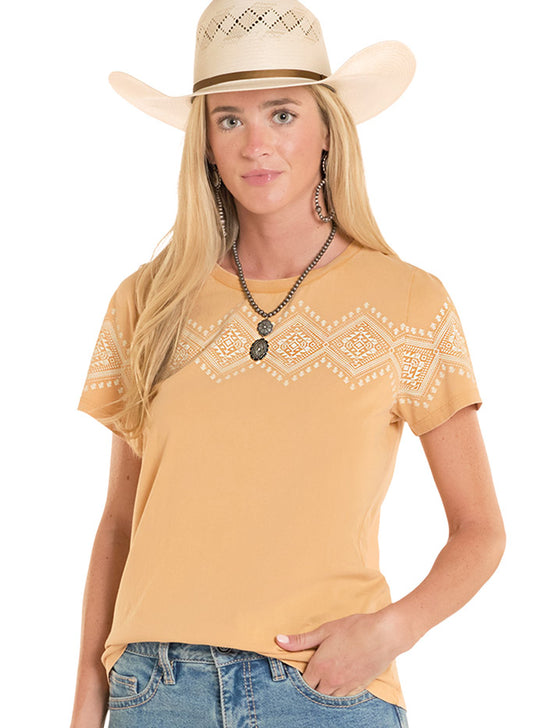 Panhandle LW21T08835 Womens Short Sleeve Border Tee Mustard Tan front view. If you need any assistance with this item or the purchase of this item please call us at five six one seven four eight eight eight zero one Monday through Saturday 10:00a.m EST to 8:00 p.m EST