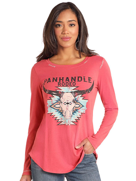 Panhandle LW22T04628 Ladies Long Sleeve Graphic Swing Top Pink front view. If you need any assistance with this item or the purchase of this item please call us at five six one seven four eight eight eight zero one Monday through Saturday 10:00a.m EST to 8:00 p.m EST