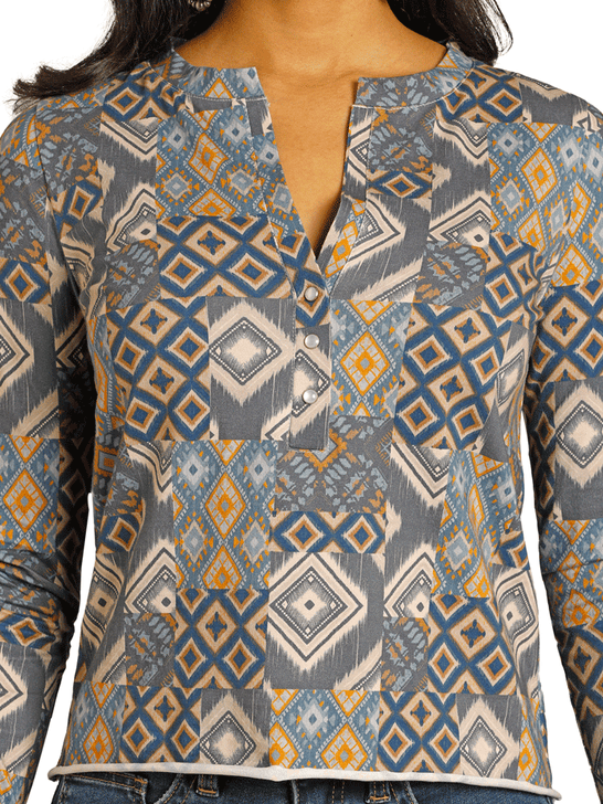 Panhandle LW22T07934 Womens Patch Print Henley Top Navy close up. If you need any assistance with this item or the purchase of this item please call us at five six one seven four eight eight eight zero one Monday through Saturday 10:00a.m EST to 8:00 p.m EST