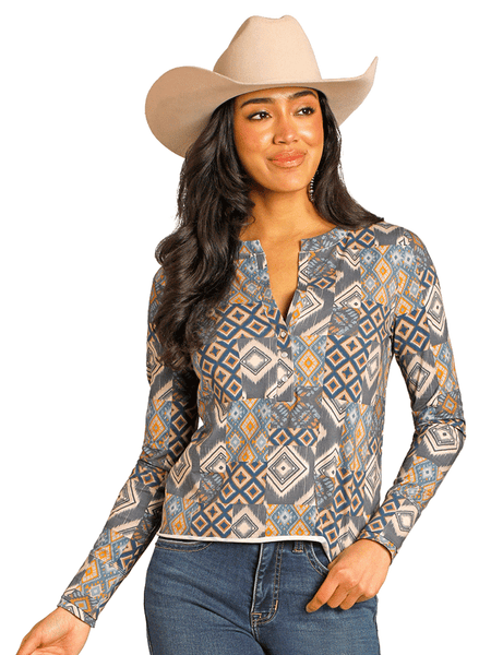 Panhandle LW22T07934 Womens Patch Print Henley Top Navy front view. If you need any assistance with this item or the purchase of this item please call us at five six one seven four eight eight eight zero one Monday through Saturday 10:00a.m EST to 8:00 p.m EST