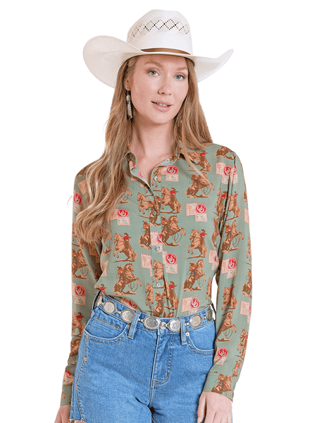 Panhandle LWB2S08444 Womens Vintage Stamp Print Long Sleeve Blouse Green front view. If you need any assistance with this item or the purchase of this item please call us at five six one seven four eight eight eight zero one Monday through Saturday 10:00a.m EST to 8:00 p.m EST