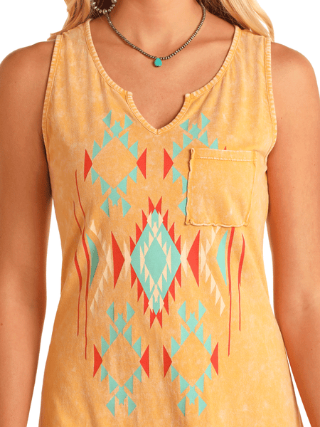 Panhandle LWD0R05814 Womens Southwest Tank Dress Mustard Gold front close up. If you need any assistance with this item or the purchase of this item please call us at five six one seven four eight eight eight zero one Monday through Saturday 10:00a.m EST to 8:00 p.m EST