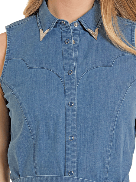 Panhandle LWD0R08456 Womens Snap Detailed Collar Shirt Dress Denim Blue front close up view. If you need any assistance with this item or the purchase of this item please call us at five six one seven four eight eight eight zero one Monday through Saturday 10:00a.m EST to 8:00 p.m EST