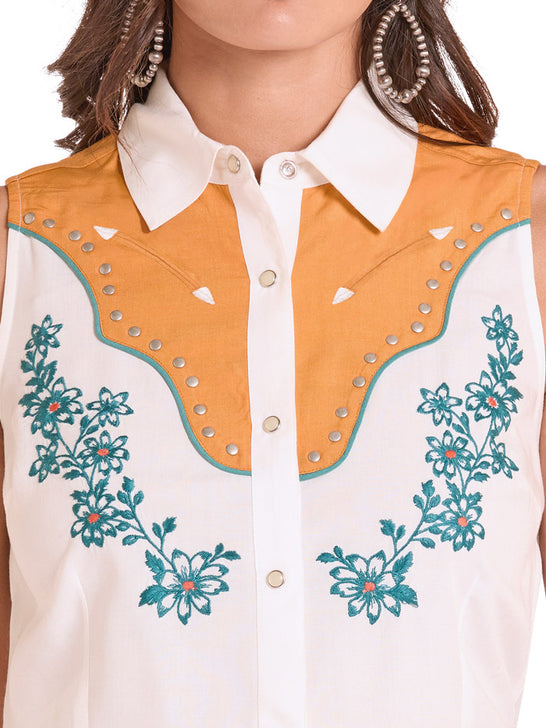 Panhandle LWN0S08857 Womens Floral Sleeveless Shirt Natural front close up. If you need any assistance with this item or the purchase of this item please call us at five six one seven four eight eight eight zero one Monday through Saturday 10:00a.m EST to 8:00 p.m EST
