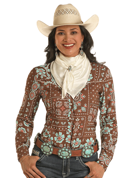 Panhandle LWN2S03391 Womens Bandana Snap Retro With Ascot Shirt Brown ascot style 2. If you need any assistance with this item or the purchase of this item please call us at five six one seven four eight eight eight zero one Monday through Saturday 10:00a.m EST to 8:00 p.m EST