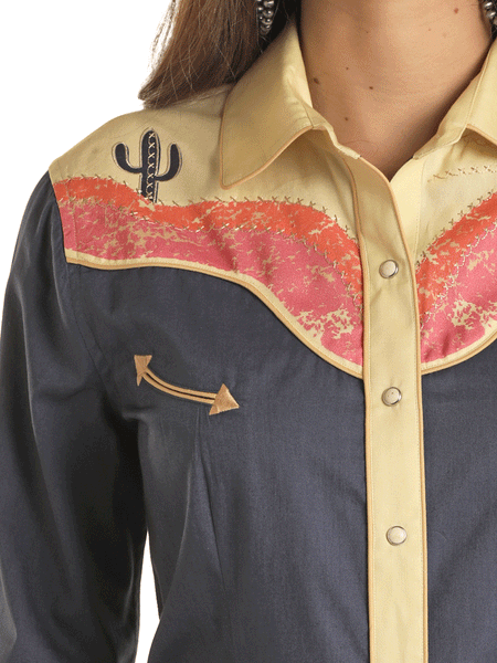 Panhandle LWN2S03459 Womens Cactus Sunset Long Sleeve Retro Shirt Navy close up of front. If you need any assistance with this item or the purchase of this item please call us at five six one seven four eight eight eight zero one Monday through Saturday 10:00a.m EST to 8:00 p.m EST