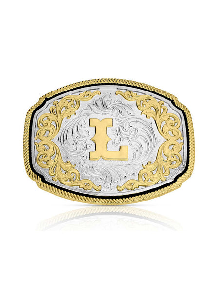 Montana Silversmiths A1047L Western Initial Buckle Silver And Gold front view. If you need any assistance with this item or the purchase of this item please call us at five six one seven four eight eight eight zero one Monday through Saturday 10:00a.m EST to 8:00 p.m EST