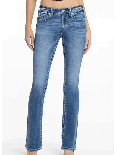 Miss Me M3080B73L Womens Angelica Mid Rise Slim Fit Bootcut Jean Medium Blue front view. If you need any assistance with this item or the purchase of this item please call us at five six one seven four eight eight eight zero one Monday through Saturday 10:00a.m EST to 8:00 p.m EST