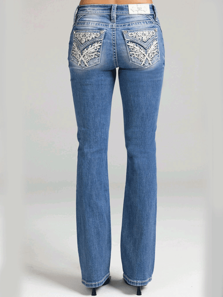 Miss Me M3444B157V Womens Mid Rise Slim Fit Bootcut Jean Medium Blue back view. If you need any assistance with this item or the purchase of this item please call us at five six one seven four eight eight eight zero one Monday through Saturday 10:00a.m EST to 8:00 p.m EST
