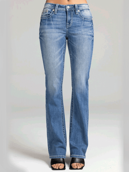 Miss Me M3444B157V Womens Mid Rise Slim Fit Bootcut Jean Medium Blue front view. If you need any assistance with this item or the purchase of this item please call us at five six one seven four eight eight eight zero one Monday through Saturday 10:00a.m EST to 8:00 p.m EST
