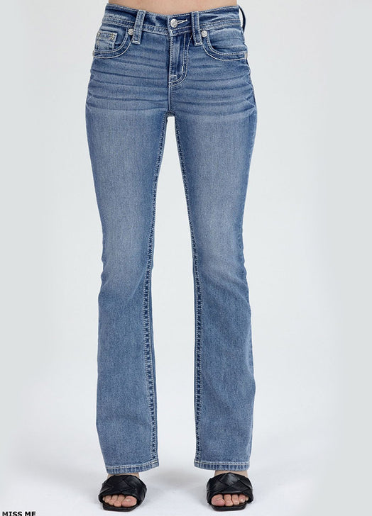 Miss Me M3444B171 Womens Mid Rise Boot Jean Medium Blue front view. If you need any assistance with this item or the purchase of this item please call us at five six one seven four eight eight eight zero one Monday through Saturday 10:00a.m EST to 8:00 p.m EST