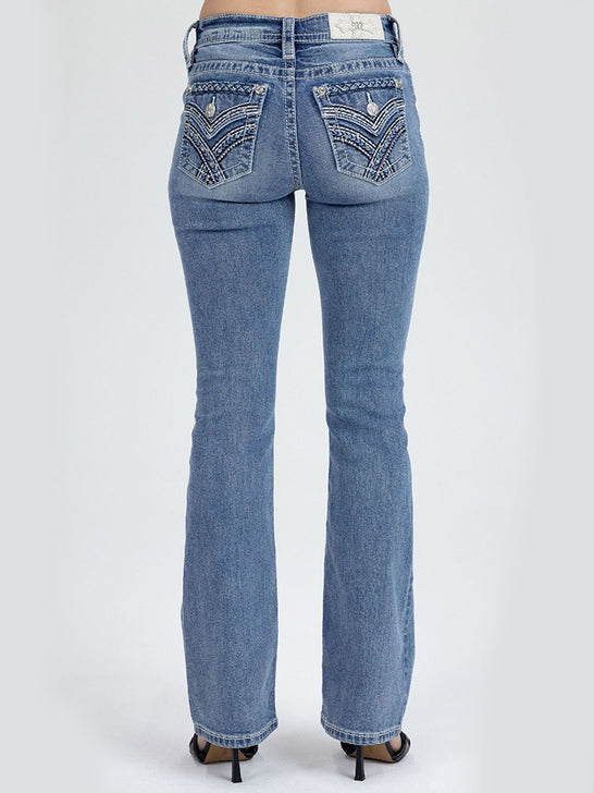 Miss Me M3444B171 Womens Mid Rise Boot Jean Medium Blue back view. If you need any assistance with this item or the purchase of this item please call us at five six one seven four eight eight eight zero one Monday through Saturday 10:00a.m EST to 8:00 p.m EST